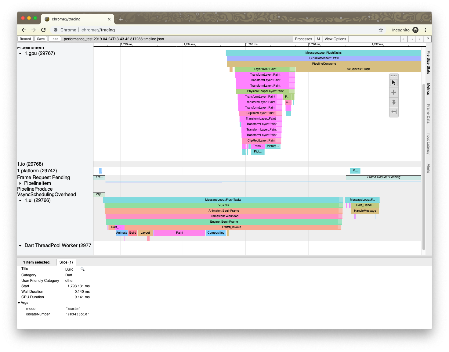 Using Chrome’s timeline tool to inspect Flutter’s profile output.